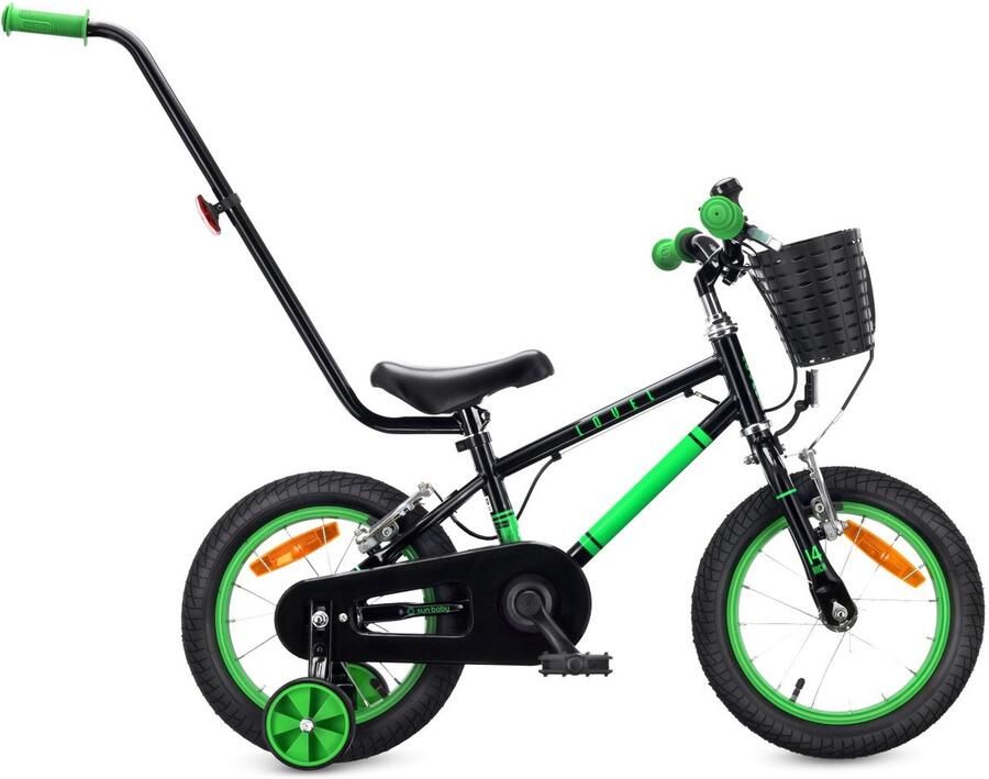 Sun Baby Kinderfiets 14 Inch LOVEL Fiets voor Jongen 3-5 Jaar Max 50 kg zijwieltjes mandje bel kettingkast duwstang Zwart-Groen