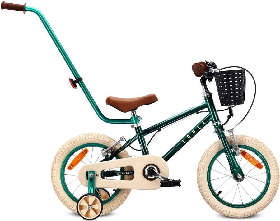 Sun Baby Kinderfiets 14 Inch LOVEL Fiets voor Jongen 3-5 Jaar Max 50 kg zijwieltjes mandje bel kettingkast duwstang Donkergroen