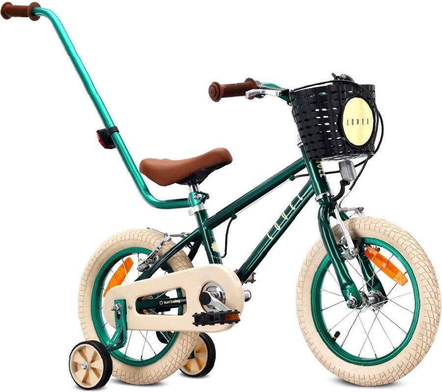 Sun Baby Kinderfiets 14 Inch LOVEL Fiets voor Jongen 3-5 Jaar Max 50 kg zijwieltjes mandje bel kettingkast duwstang Donkergroen
