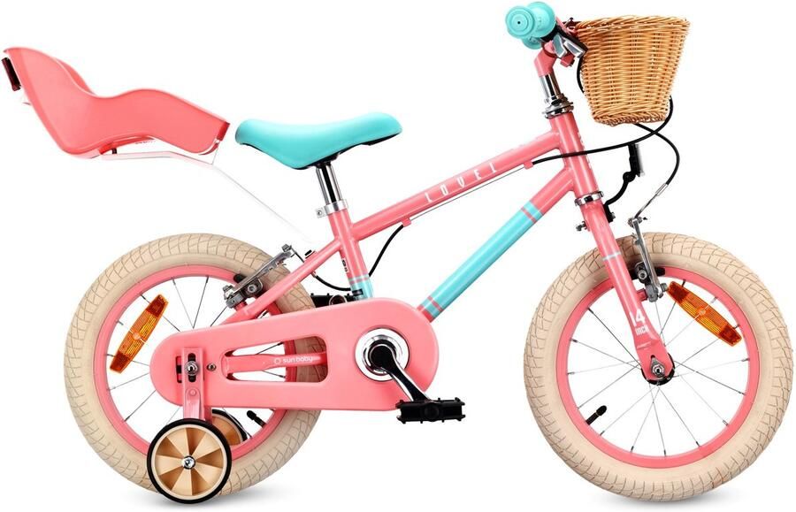 Sun Baby Kinderfiets 14 Inch LOVEL Fiets voor Meisje 3-5 Jaar Max 50 kg poppenstoeltje zijwieltjes mandje bel kettingkast Roze-Muntgroen