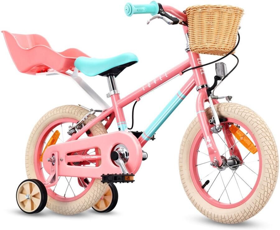 Sun Baby Kinderfiets 14 Inch LOVEL Fiets voor Meisje 3-5 Jaar Max 50 kg poppenstoeltje zijwieltjes mandje bel kettingkast Roze-Muntgroen