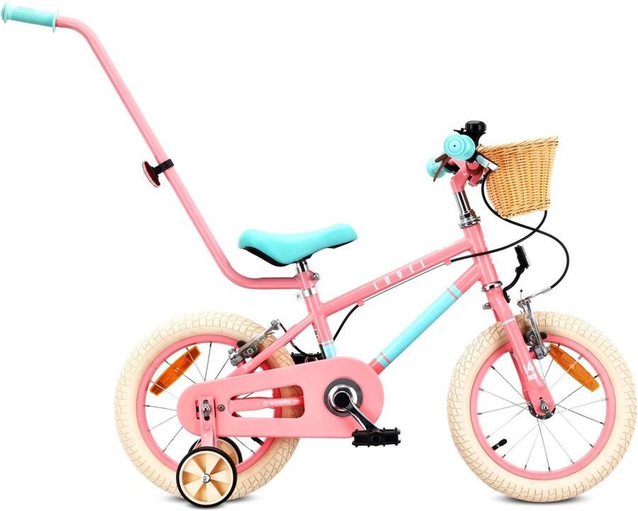 Sun Baby Kinderfiets 14 Inch LOVEL Fiets voor Meisje 3-5 Jaar Max 50 kg zijwieltjes mandje bel kettingkast duwstang Roze-Muntgroen