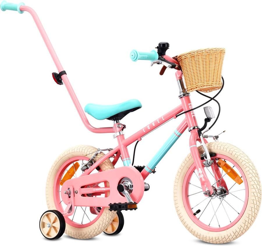 Sun Baby Kinderfiets 14 Inch LOVEL Fiets voor Meisje 3-5 Jaar Max 50 kg zijwieltjes mandje bel kettingkast duwstang Roze-Muntgroen