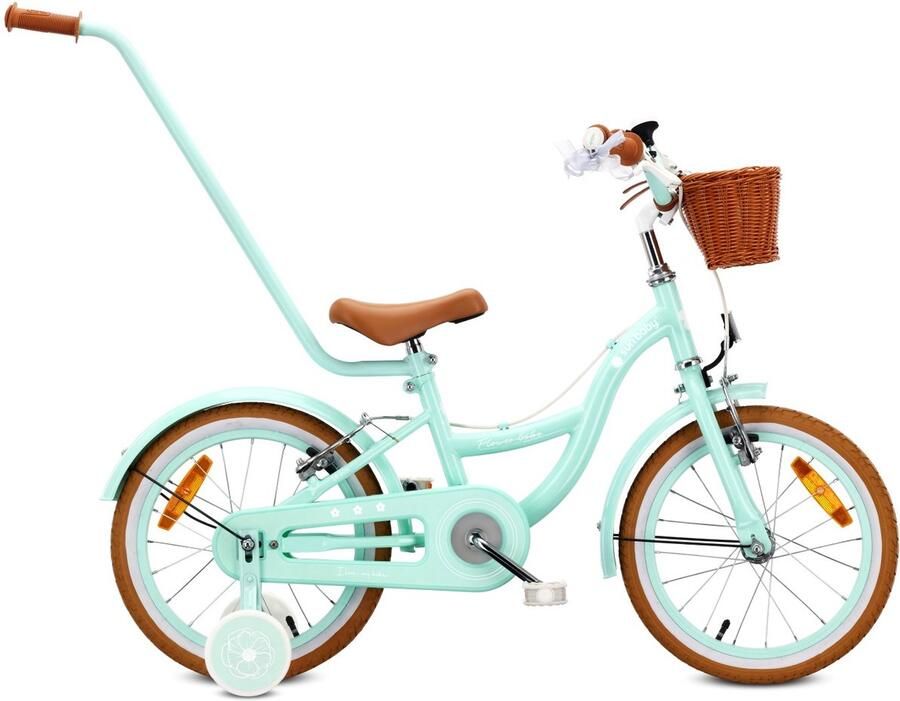 Sun Baby Kinderfiets 16 Inch FLOWER BIKE Retro Fiets voor Meisje 4-6 Jaar Max 50 kg V-brakes zijwielen bel reflectoren stalen frame verstelbaar Mint