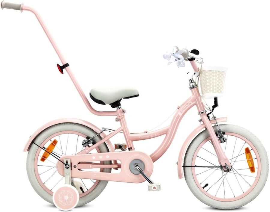 Sun Baby Kinderfiets 16 Inch FLOWER BIKE Retro Fiets voor Meisje 4-6 Jaar Max 50 kg V-brakes zijwielen bel reflectoren stalen frame verstelbaar Roze