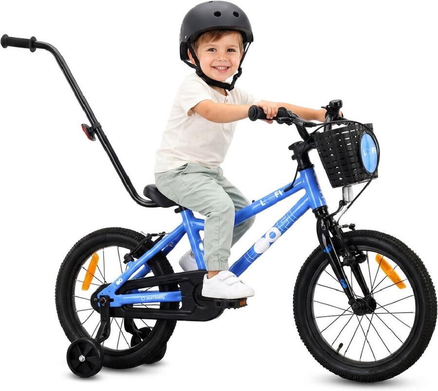 Sun Baby Kinderfiets 16 Inch LOOFI Fiets voor Jongen 4-6 Jaar Max 50 kg licht 6.9 kg aluminium frame met zijwieltjes mandje bel stickers Blauw