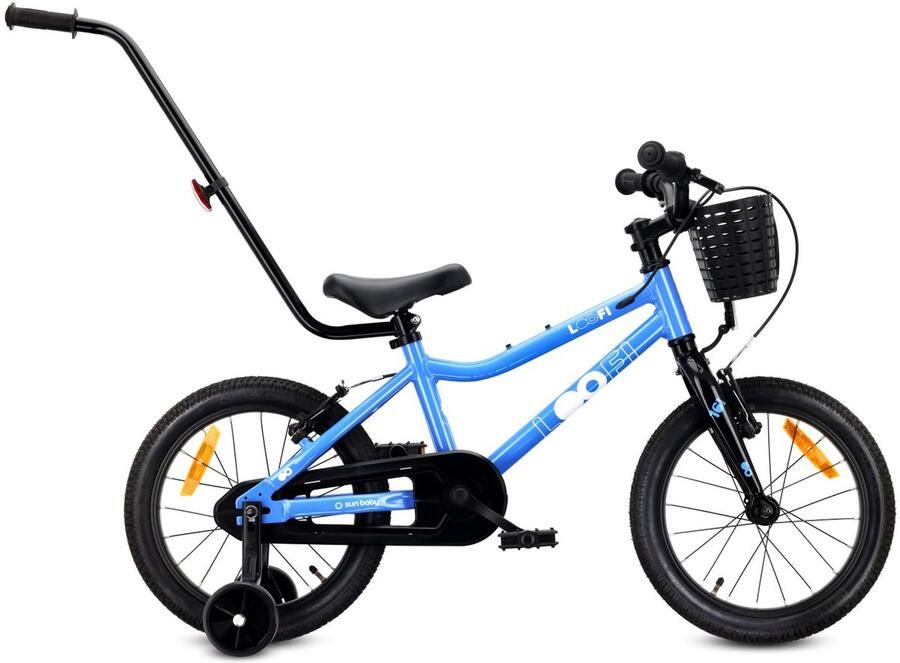 Sun Baby Kinderfiets 16 Inch LOOFI Fiets voor Jongen 4-6 Jaar Max 50 kg licht aluminium frame met zijwieltjes mandje bel stickers Blauw