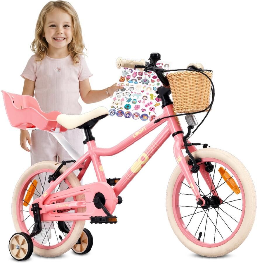 Sun Baby Kinderfiets 16 Inch LOOFI Fiets voor Meisje 4-6 Jaar Max 50 kg licht 6.9 kg aluminium frame met poppenstoeltje zijwieltjes mandje bel stickers Roze