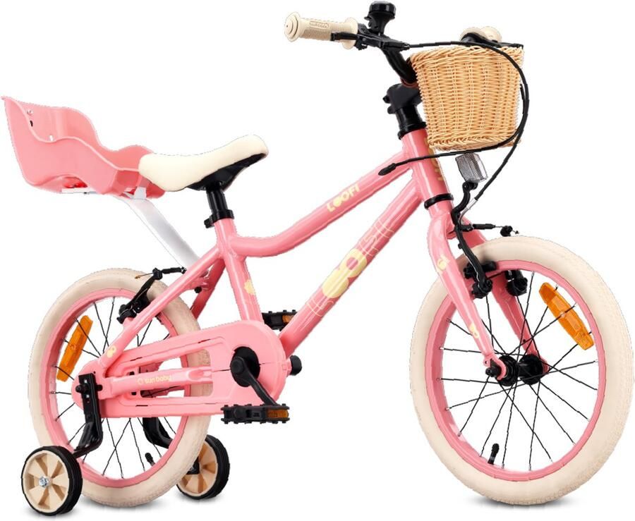 Sun Baby Kinderfiets 16 Inch LOOFI Fiets voor Meisje 4-6 Jaar Max 50 kg licht 6.9 kg aluminium frame met poppenstoeltje zijwieltjes mandje bel stickers Roze - Foto 2