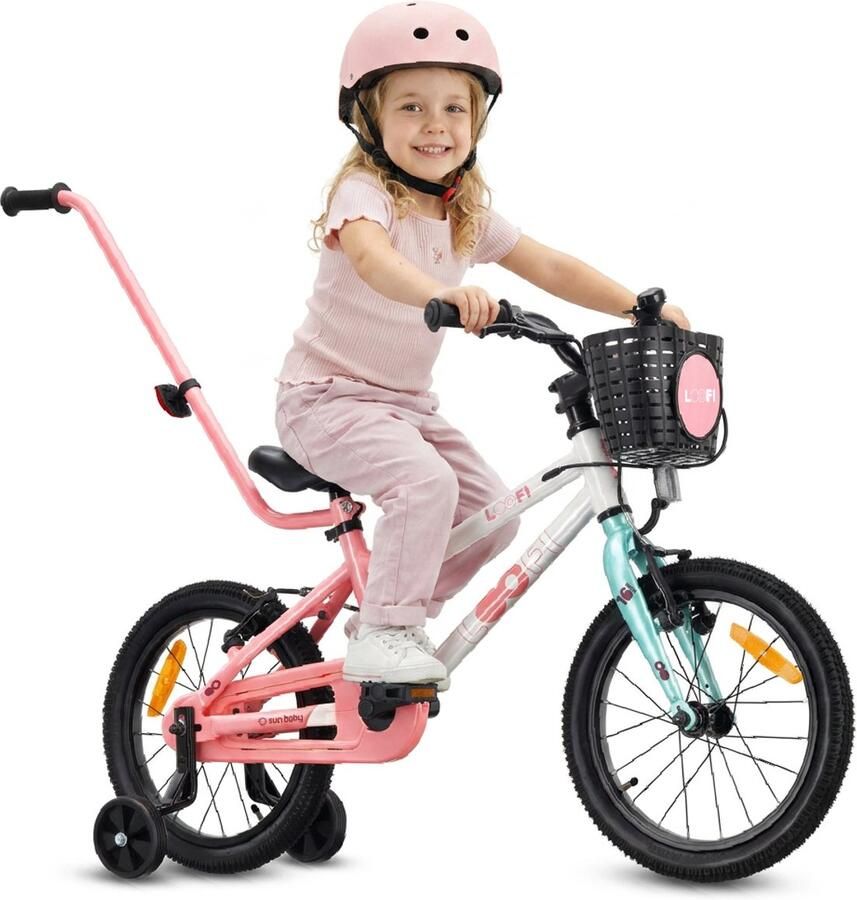 Sun Baby Kinderfiets 16 Inch LOOFI Fiets voor Meisje 4-6 Jaar Max 50 kg lichtgewicht 6.9 kg aluminium frame met zijwieltjes mandje bel stickers Wit-Roze-Mint - Foto 2