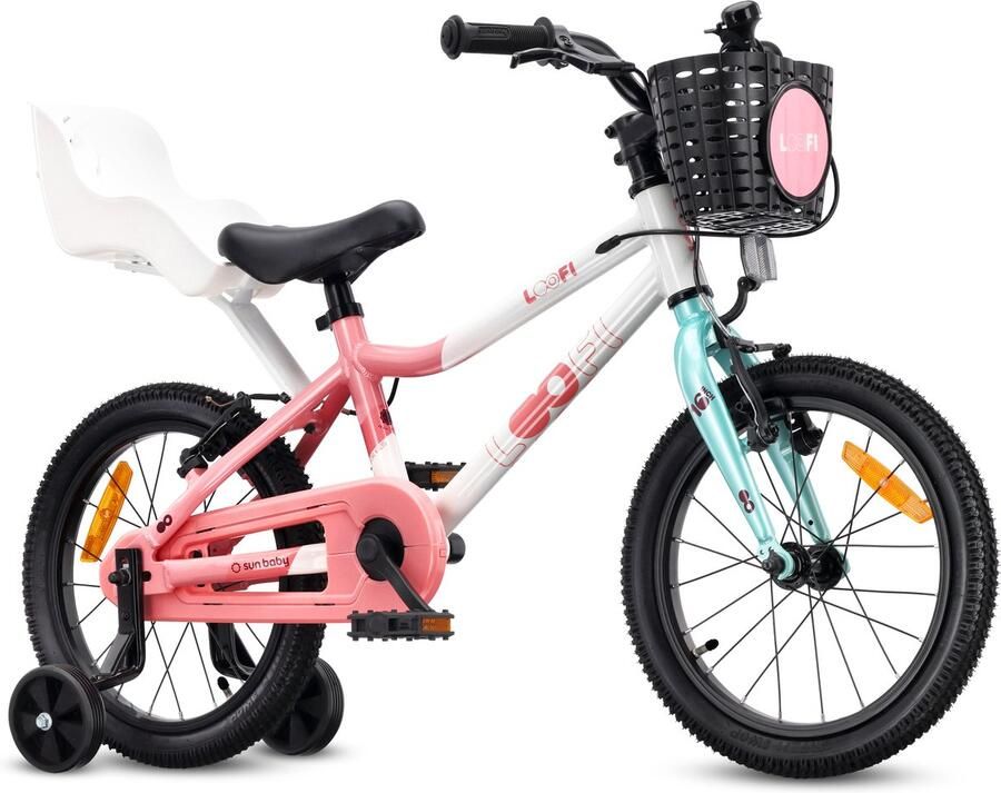 Sun Baby Kinderfiets 16 Inch LOOFI Fiets voor Meisje 4-6 Jaar Max 50 kg lichtgewicht 6.9 kg aluminium frame met poppenzitje zijwieltjes mandje bel stickers Wit-Roze-Mint - Foto 2