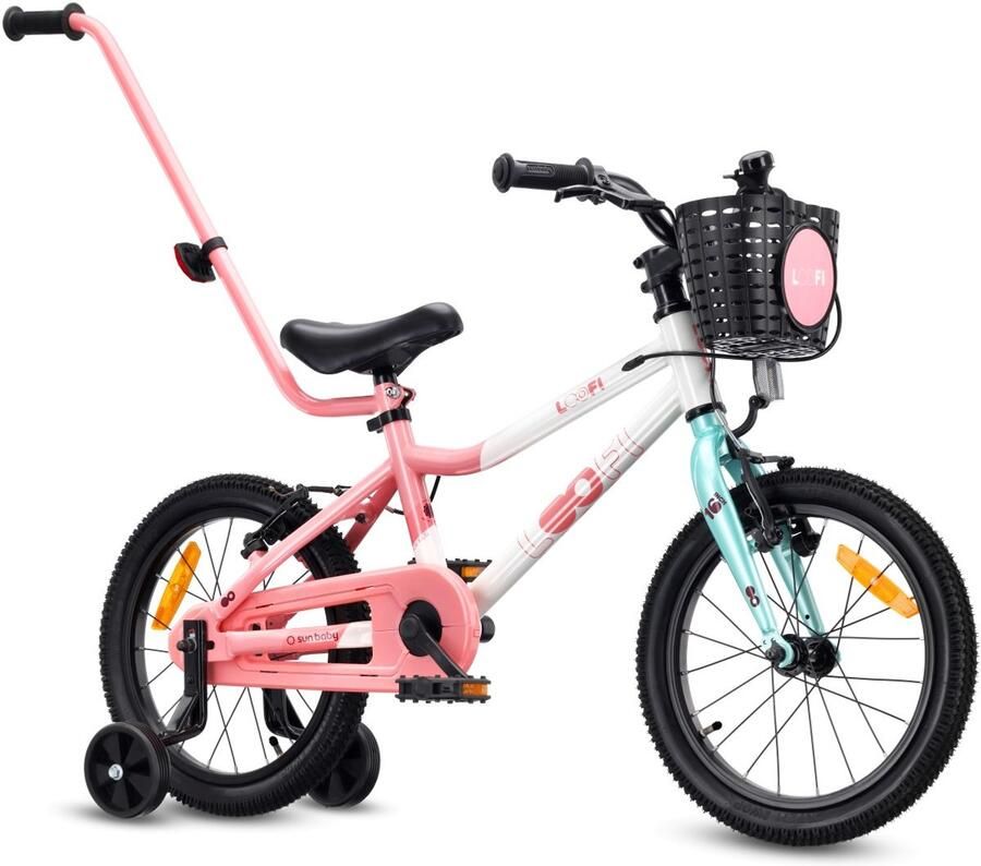 Sun Baby Kinderfiets 16 Inch LOOFI Fiets voor Meisje 4-6 Jaar Max 50 kg lichtgewicht 6.9 kg aluminium frame met zijwieltjes mandje bel stickers Wit-Roze-Mint - Foto 3