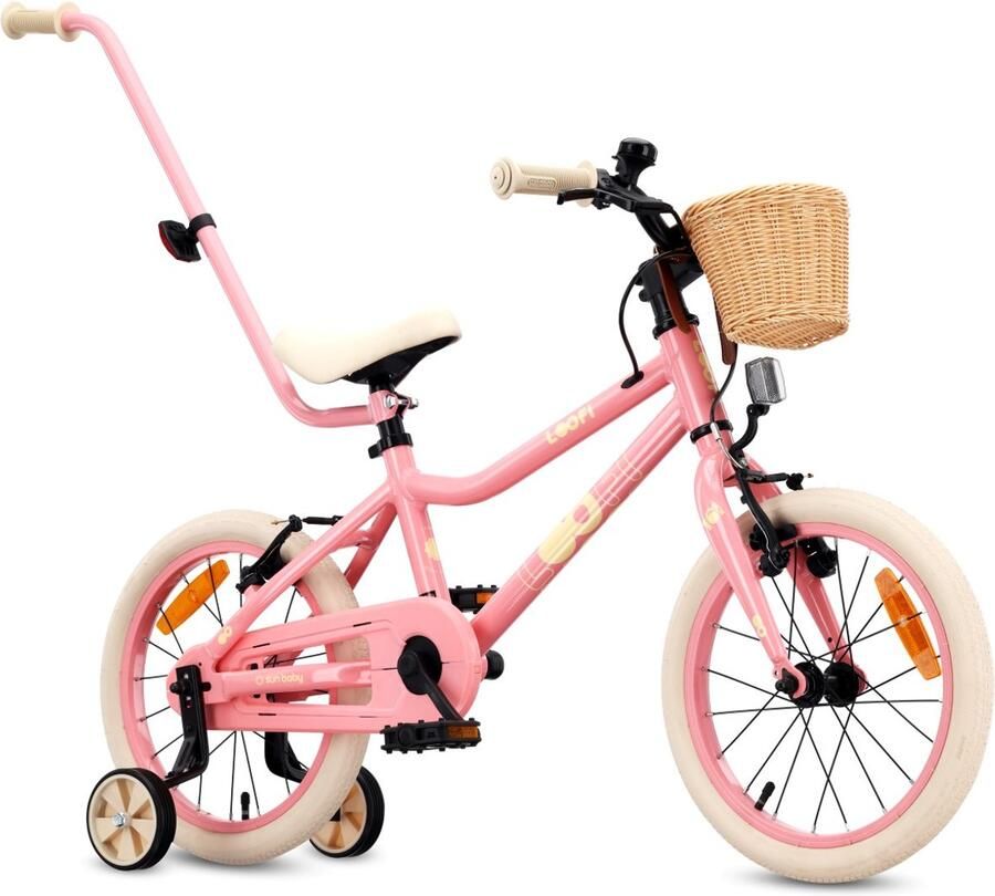 Sun Baby Kinderfiets 16 Inch LOOFI Fiets voor Meisje 4-6 Jaar Max 50 kg lichtgewicht 6.9 kg aluminium frame met zijwieltjes mandje bel stickers Roze