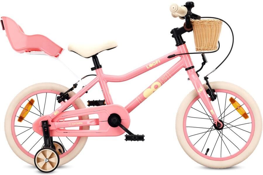 Sun Baby Kinderfiets 16 Inch LOOFI Fiets voor Meisje 4-6 Jaar Max 50 kg licht aluminium frame met poppenstoeltje zijwieltjes mandje bel stickers Roze