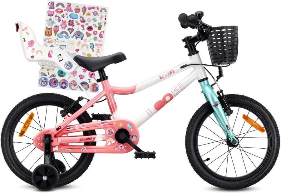 Sun Baby Kinderfiets 16 Inch LOOFI Fiets voor Meisje 4-6 Jaar Max 50 kg lichtgewicht aluminium frame met poppenzitje zijwieltjes mandje bel stickers Wit-Roze-Mint