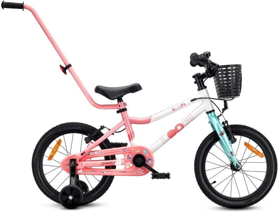 Sun Baby Kinderfiets 16 Inch LOOFI Fiets voor Meisje 4-6 Jaar Max 50 kg lichtgewicht aluminium frame met zijwieltjes mandje bel stickers Wit-Roze-Mint