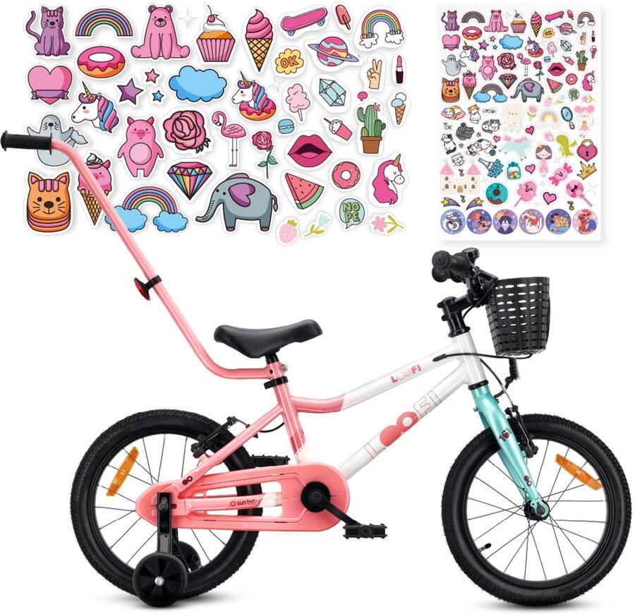 Sun Baby Kinderfiets 16 Inch LOOFI Fiets voor Meisje 4-6 Jaar Max 50 kg lichtgewicht aluminium frame met zijwieltjes mandje bel stickers Wit-Roze-Mint
