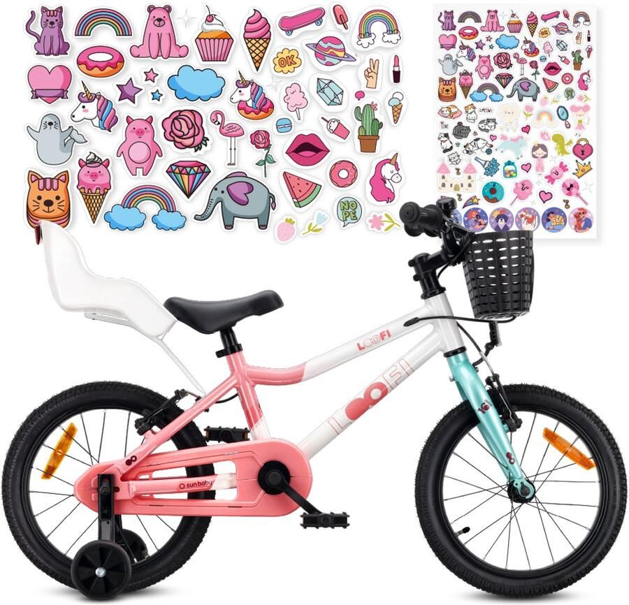 Sun Baby Kinderfiets 16 Inch LOOFI Fiets voor Meisje 4-6 Jaar Max 50 kg lichtgewicht aluminium frame met poppenzitje zijwieltjes mandje bel stickers Wit-Roze-Mint
