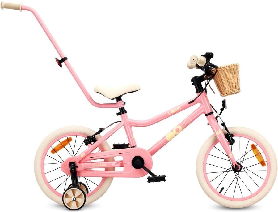 Sun Baby Kinderfiets 16 Inch LOOFI Fiets voor Meisje 4-6 Jaar Max 50 kg lichtgewicht aluminium frame met zijwieltjes mandje bel stickers Roze