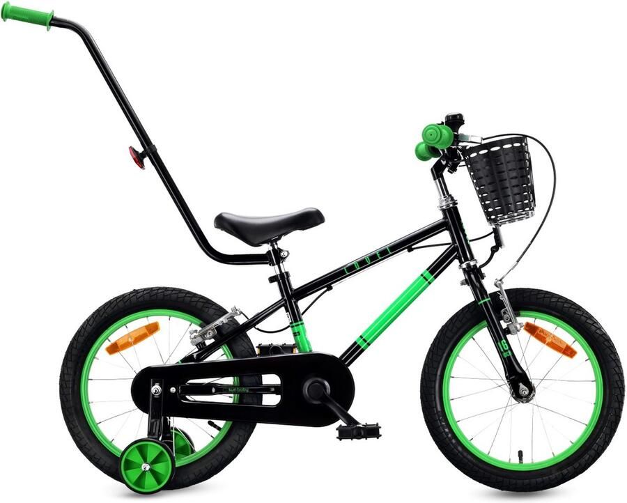 Sun Baby Kinderfiets 16 Inch LOVEL Fiets voor Jongen 4-6 Jaar Max 50 kg zijwieltjes mandje bel kettingkast duwstang Zwart-Groen