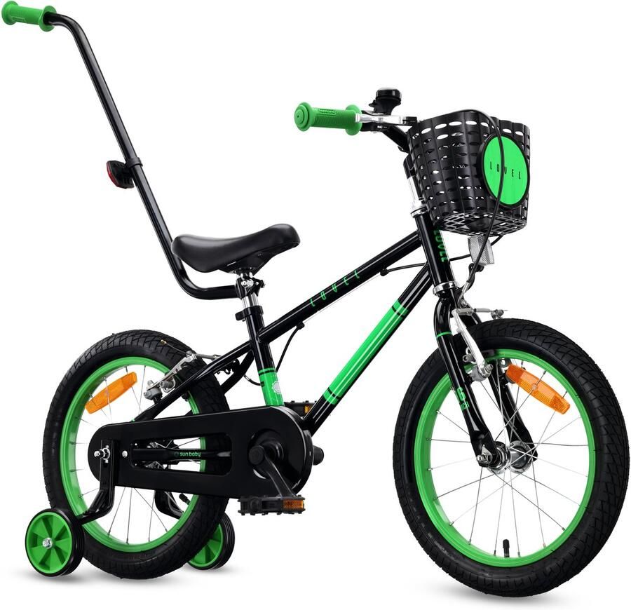 Sun Baby Kinderfiets 16 Inch LOVEL Fiets voor Jongen 4-6 Jaar Max 50 kg zijwieltjes mandje bel kettingkast duwstang Zwart-Groen