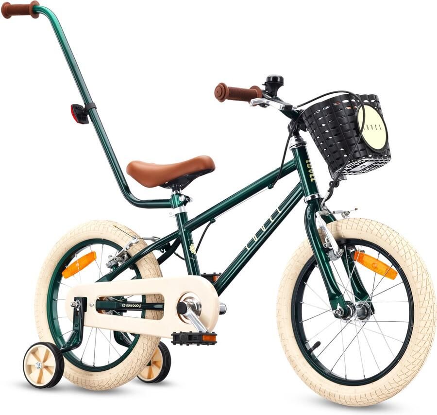 Sun Baby Kinderfiets 16 Inch LOVEL Fiets voor Jongen 4-6 Jaar Max 50 kg zijwieltjes mandje bel kettingkast duwstang Donkergroen