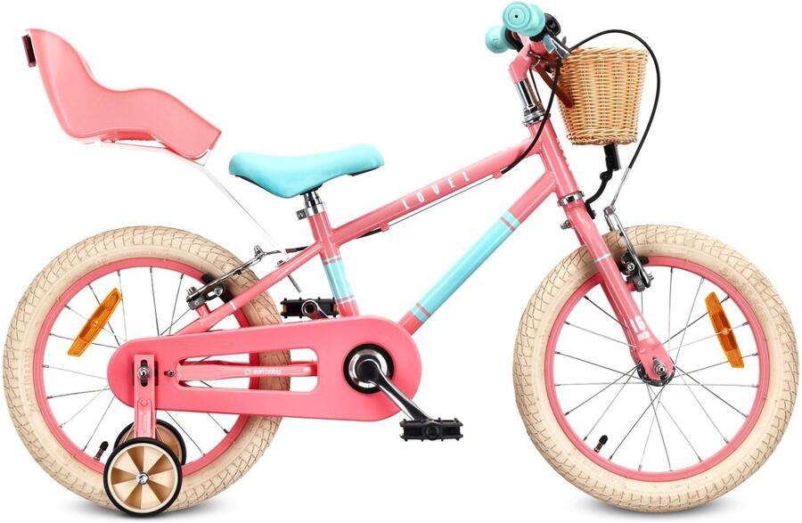 Sun Baby Kinderfiets 16 Inch LOVEL Fiets voor Meisje 4-6 Jaar Max 50 kg poppenstoeltje zijwieltjes mandje bel kettingkast Roze-Muntgroen