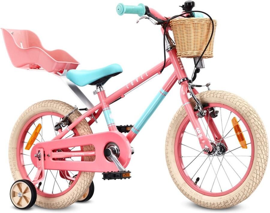 Sun Baby Kinderfiets 16 Inch LOVEL Fiets voor Meisje 4-6 Jaar Max 50 kg poppenstoeltje zijwieltjes mandje bel kettingkast Roze-Muntgroen