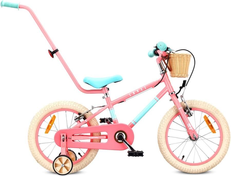 Sun Baby Kinderfiets 16 Inch LOVEL Fiets voor Meisje 4-6 Jaar Max 50 kg zijwieltjes mandje bel kettingkast duwstang Roze-Muntgroen