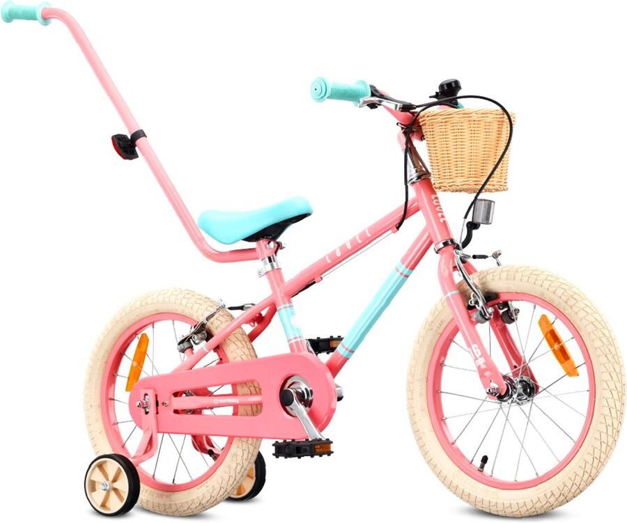 Sun Baby Kinderfiets 16 Inch LOVEL Fiets voor Meisje 4-6 Jaar Max 50 kg zijwieltjes mandje bel kettingkast duwstang Roze-Muntgroen