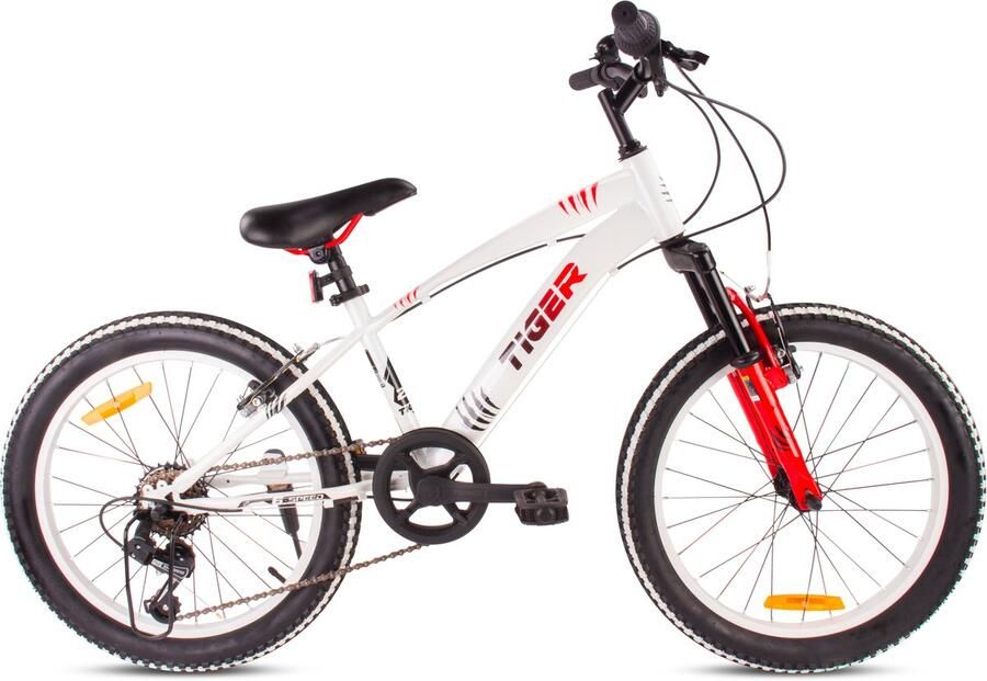 Sun Baby Tiger Bike Kinderfiets voor jongens van 6 tot 10 jaar 20 inch Wit Rood wielmaat te kiezen uit 6 versnellingen Shimano in hoogte verstelbaar