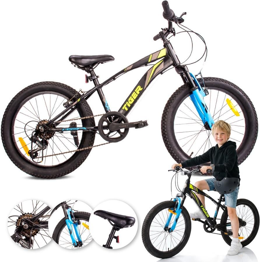 Sun Baby Tiger Bike Kinderfiets voor jongens van 6 tot 10 jaar 20 inch Zwart Groen Blauw wielmaat te kiezen uit 6 versnellingen Shimano in hoogte verstelbaar