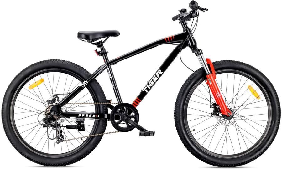 Sun Baby TIGER BIKE Mountainbike 26 MTB-fiets voor jongens en mannen jeugd fiets 26 inch stalen frame 7 versnellingen schijfremmen vering Zwart-Rood