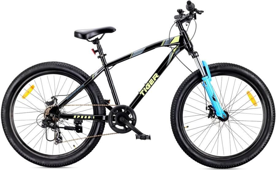 Sun Baby TIGER BIKE Mountainbike 26 MTB-fiets voor jongens en mannen jeugd fiets 26 inch stalen frame 7 versnellingen schijfremmen vering Zwart-Groen-Blauw