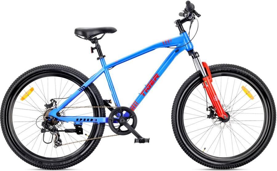 Sun Baby TIGER BIKE Mountainbike 26 MTB-fiets voor jongens en mannen jeugd fiets 26 inch stalen frame 7 versnellingen schijfremmen vering Blauw-Oranje