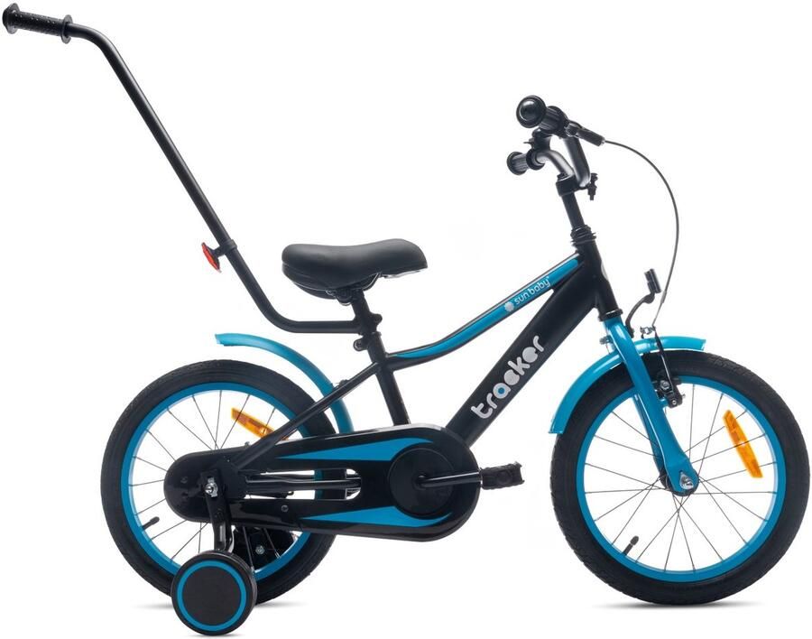 Sun Baby Tracker Bike Kinderfiets voor jongens 16 inch Blauw neon leeftijd 4 tot 6 jaar met zijwieltjes duwstang handrem