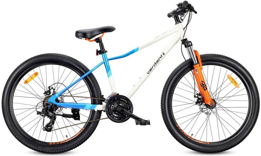 Sun Baby VERDANT CALIX Mountainbike 26 MTB-fiets voor en fiets 6 inch vering schijfrem 21 versnellingen Wit-Blauw-Oranje