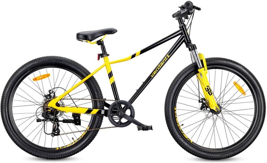Sun Baby VERDANT CALIX Mountainbike 26 MTB-fiets voor en fiets 6 inch vering schijfrem 7 versnellingen Zwart-Geel