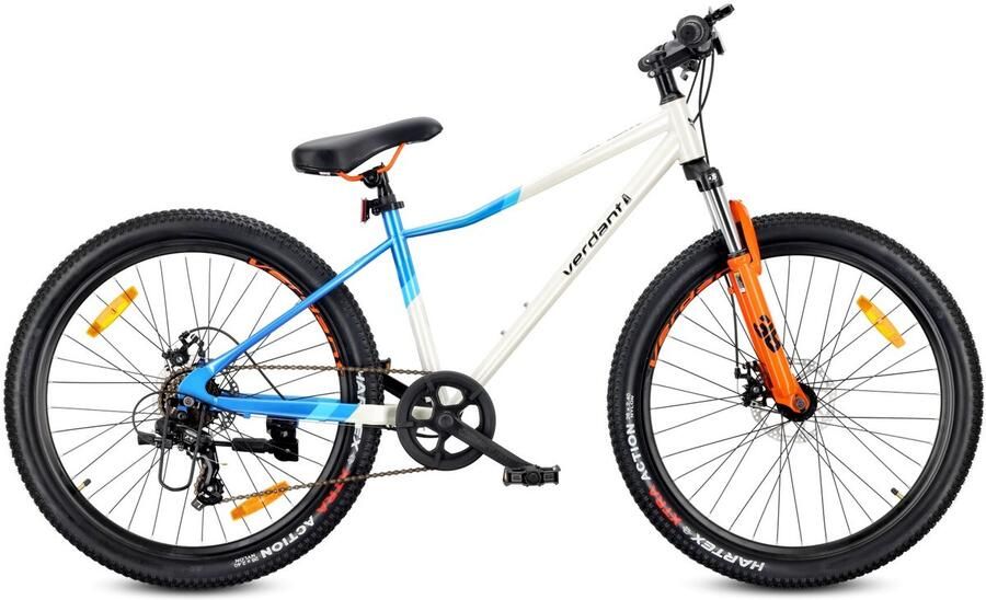 Sun Baby VERDANT CALIX Mountainbike 26 MTB-fiets voor en fiets 6 inch vering schijfrem 7 versnellingen Wit-Blauw-Oranje