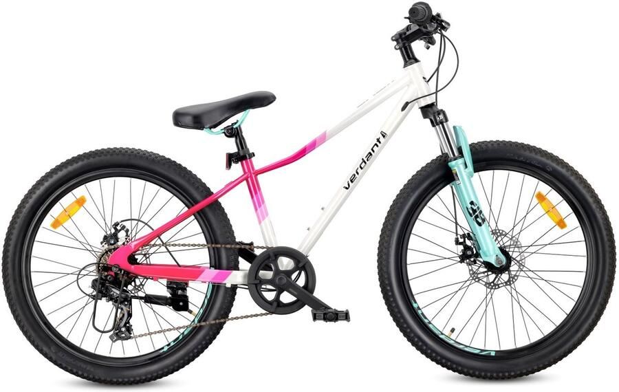 Sun Baby Verdant Kinderfiets voor jongens 24 inch Fiets voor kinderen van 8 jaar met stalen frame schijfremmen 7 versnellingen schokdemper vooraan (Wit Roze Mintgroen)