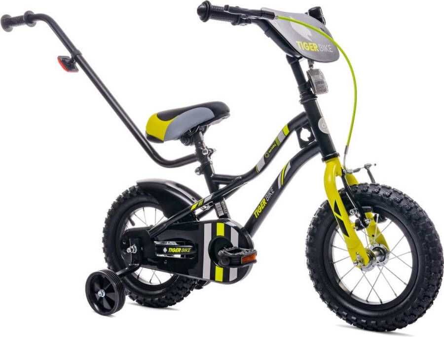 Sun Baby Tiger Bike Kinderfiets voor jongens 12 inch Zwart-Geel leeftijd 2 tot 4 jaar met zijwieltjes duwstang handrem
