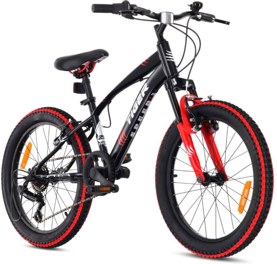 Sun Baby Tiger Bike Kinderfiets voor jongens 20 inch wielmaat te kiezen uit 6 versnellingen Shimano van 6 tot 10 jaar in hoogte verstelbaar (Rood Zwart)