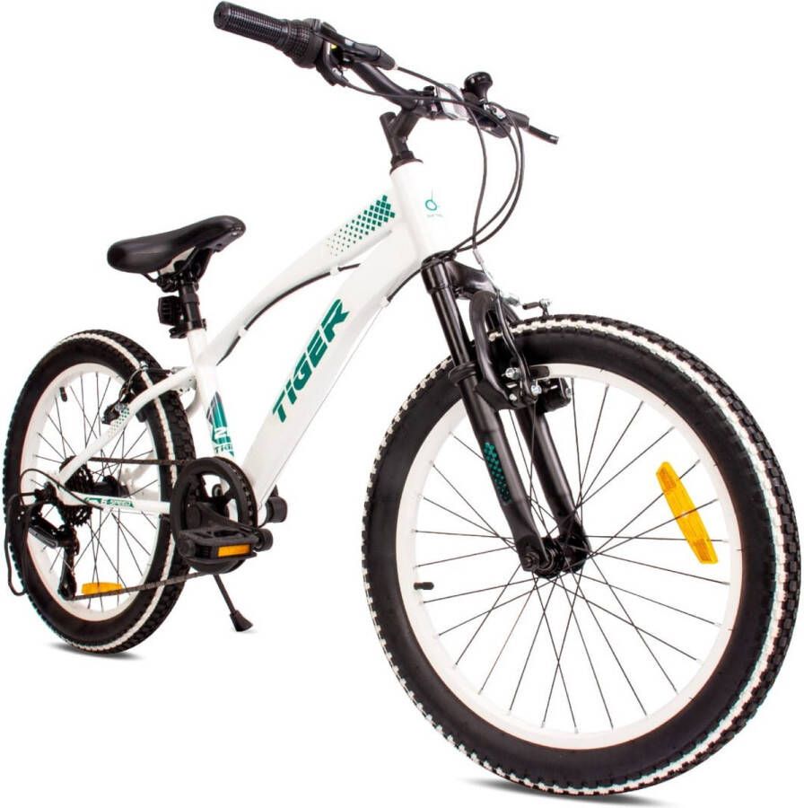 Sun Baby Tiger Bike Kinderfiets voor jongens van 6 tot 10 jaar 20 inch Wit Groen wielmaat te kiezen uit 6 versnellingen Shimano in hoogte verstelbaar