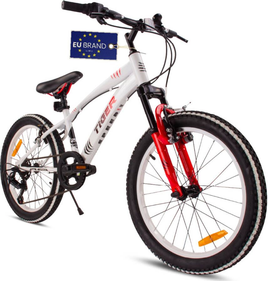 Sun Baby Tiger Bike Kinderfiets voor jongens van 6 tot 10 jaar 20 inch Wit Rood wielmaat te kiezen uit 6 versnellingen Shimano in hoogte verstelbaar