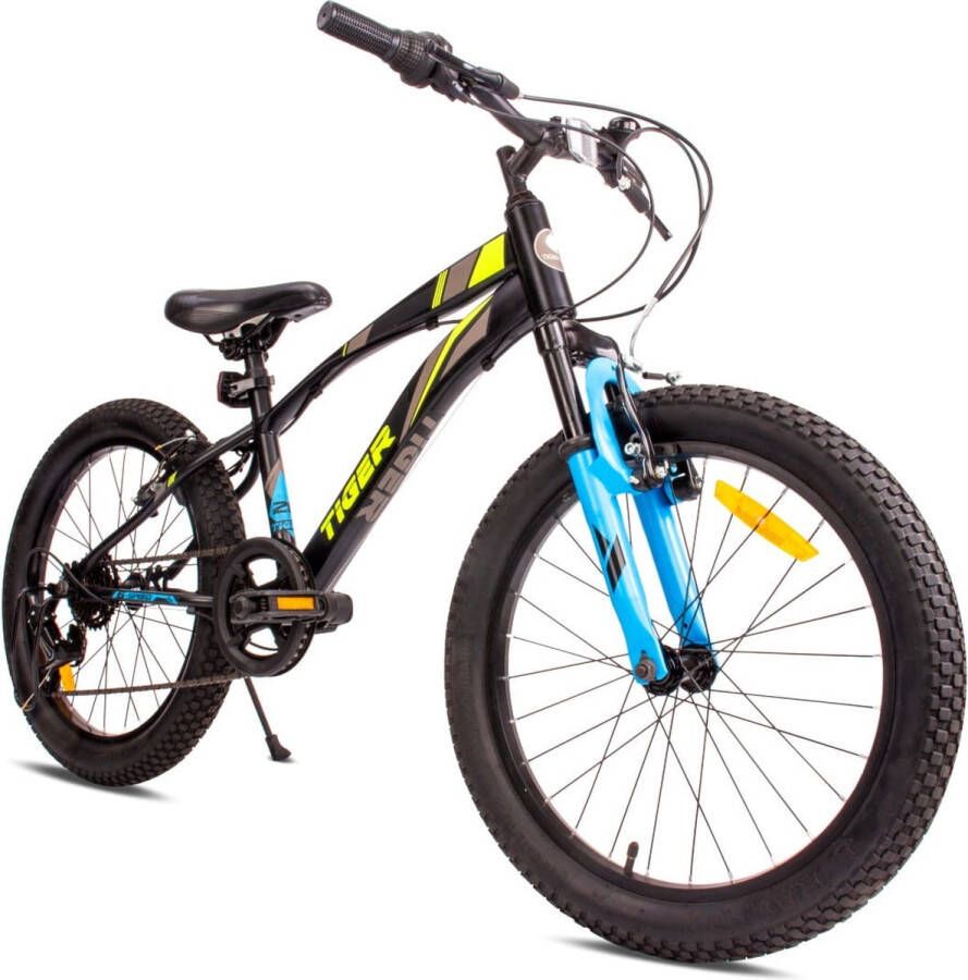 Sun Baby Tiger Bike Kinderfiets voor jongens van 6 tot 10 jaar 20 inch Zwart Groen Blauw wielmaat te kiezen uit 6 versnellingen Shimano in hoogte verstelbaar