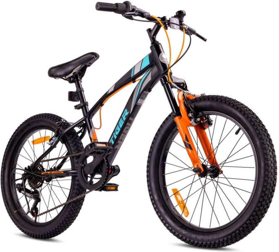 Sun Baby Tiger Bike Kinderfiets voor jongens van 6 tot 10 jaar 20 inch Zwart-Turkoois-Grijs-Oranje wielmaat te kiezen uit 6 versnellingen Shimano