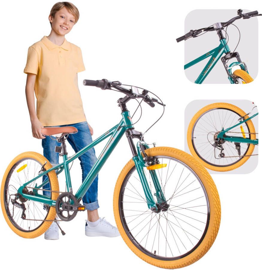 Sun Baby Verdant Bike Kinderfiets voor jongens 24 inch te kiezen uit 7 versnellingen Shimano van 8 tot 12 jaar met V-brakes schokdemper bel zijstandaard (Groen)