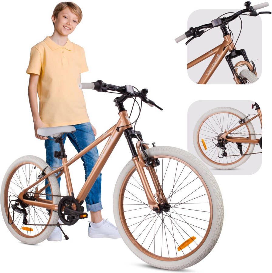 Sun Baby Verdant Bike Kinderfiets voor jongens 24 inch te kiezen uit 7 versnellingen Shimano van 8 tot 12 jaar met V-brakes schokdemper bel zijstandaard (Cappuccino)