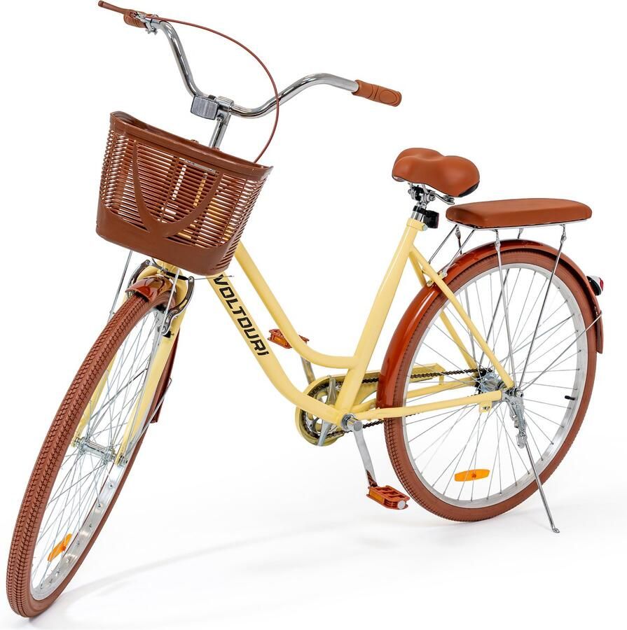 THUNDER VOLTOURI Damesfiets 28 Inch Retro Citybike Mand & Bagagedrager Stalen Frame 1 Versnelling lichtgeel