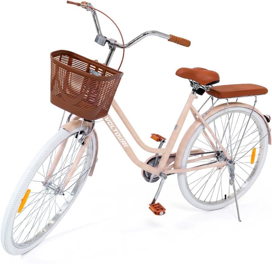 THUNDER VOLTOURI Damesfiets 28 Inch Retro Stalen Frame Mand & Bagagedrager 1 Versnelling Lage Instap Beige
